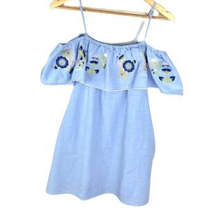 Loveriche chambray offshoulder ruffle dress with floral embroidery size small
